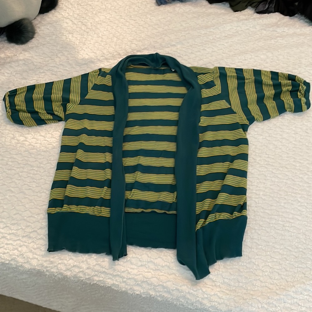 BDG Teal Striped Short Sleeve Lightweight Cardigan